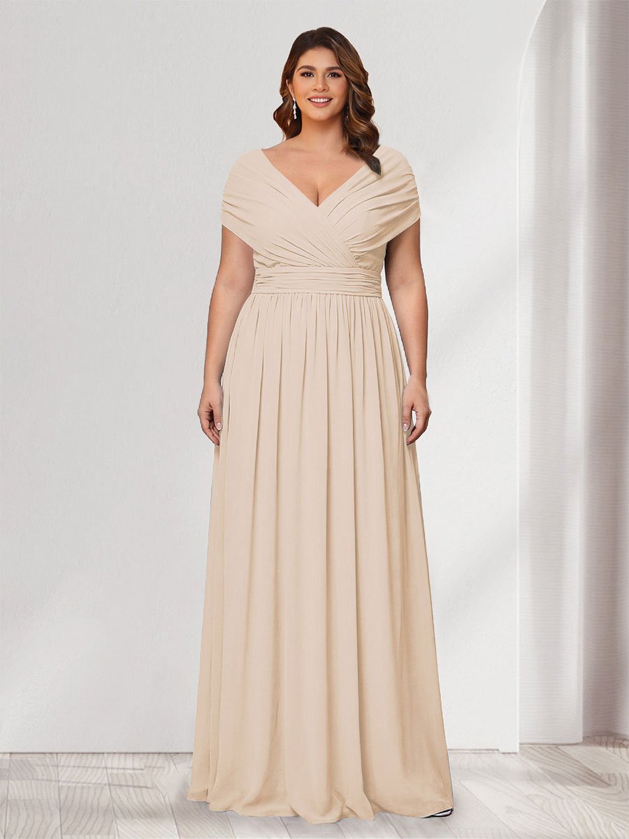 A-Line/Princess V-Neck Short Sleeves Chiffon Plus Size Bridesmaid Dresses With Bowknot