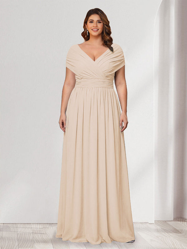 A-Line/Princess V-Neck Short Sleeves Chiffon Plus Size Bridesmaid Dresses With Bowknot