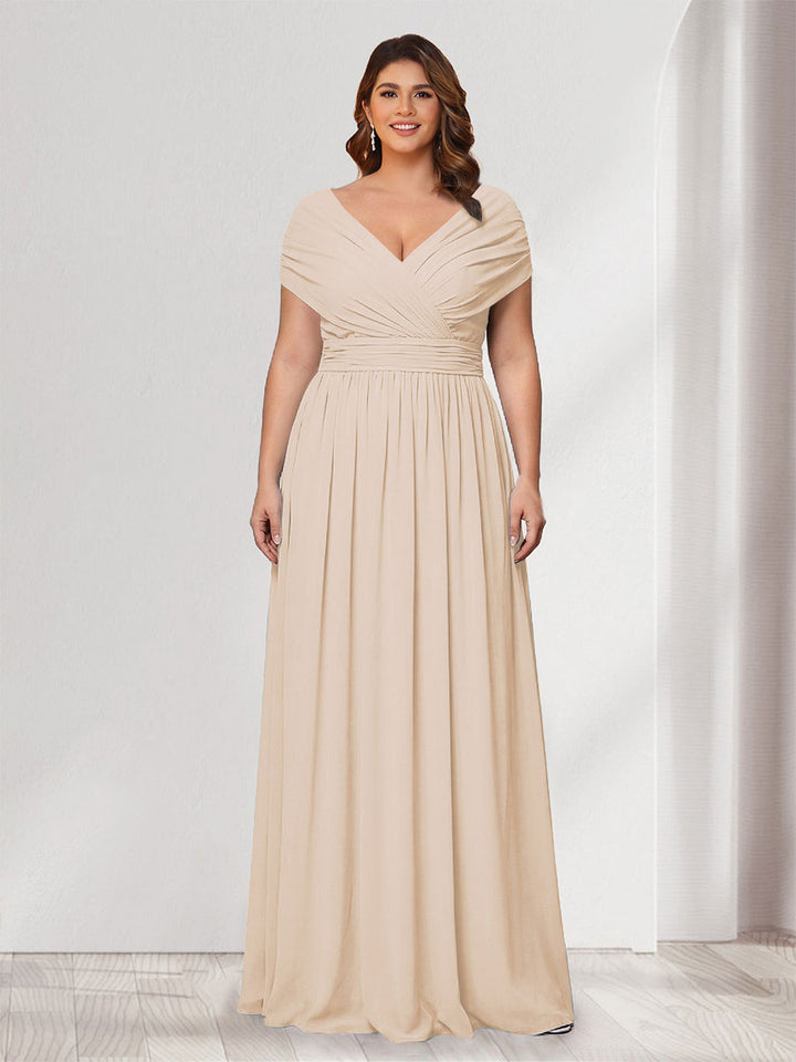 A-Line/Princess V-Neck Short Sleeves Chiffon Plus Size Bridesmaid Dresses With Bowknot