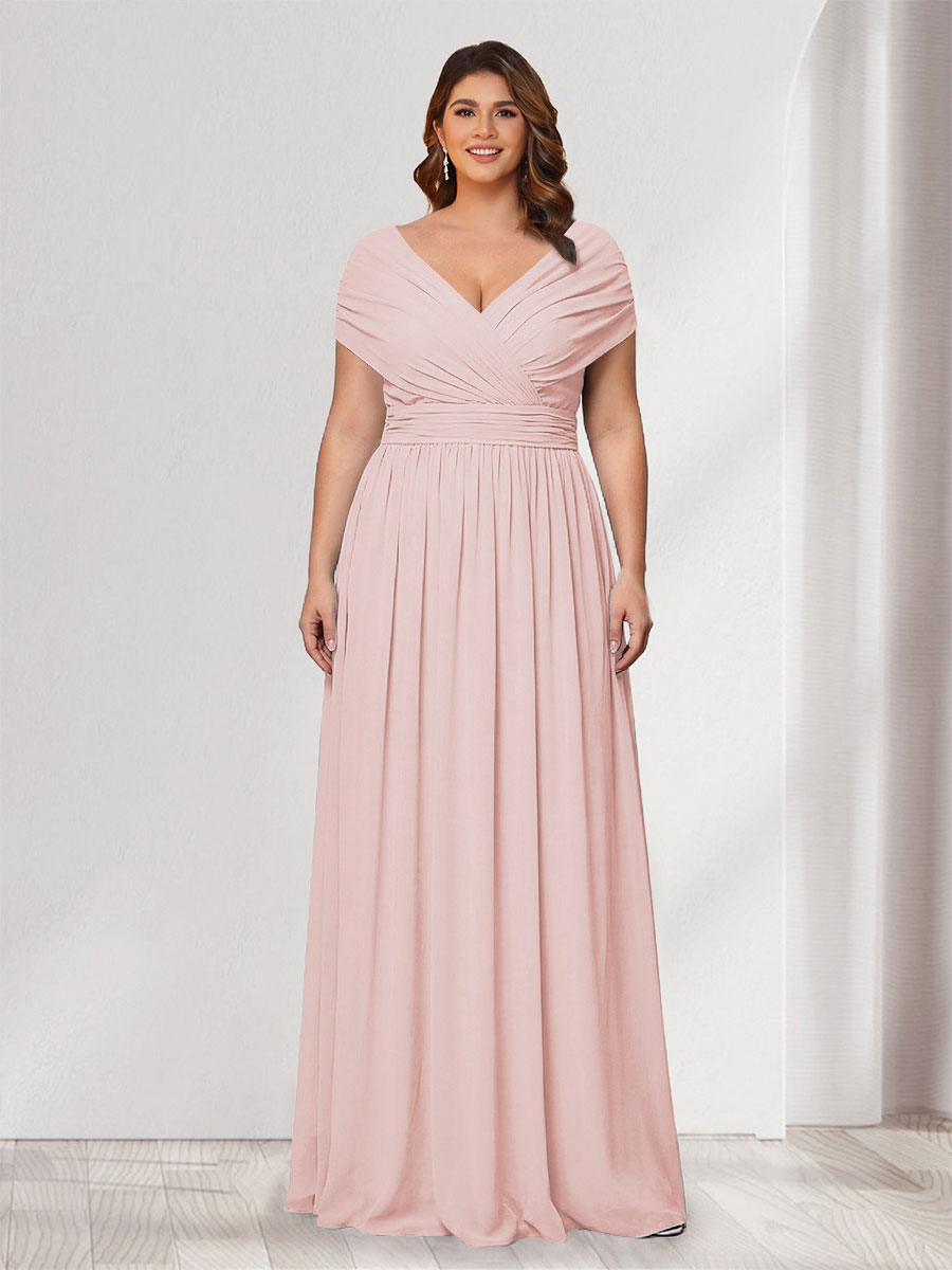 A-Line/Princess V-Neck Short Sleeves Chiffon Plus Size Bridesmaid Dresses With Bowknot