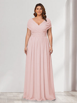 A-Line/Princess V-Neck Short Sleeves Chiffon Plus Size Bridesmaid Dresses With Bowknot