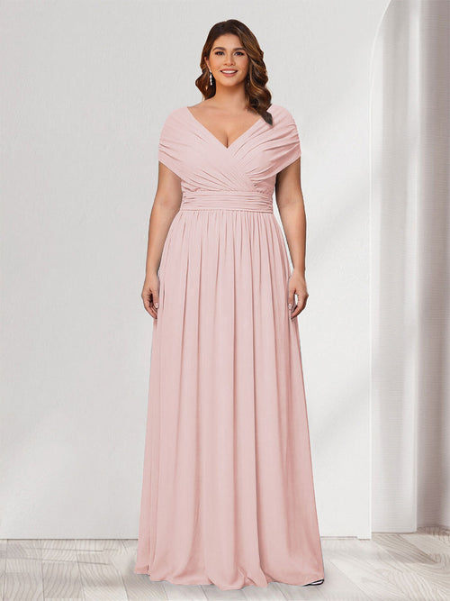 A-Line/Princess V-Neck Short Sleeves Chiffon Plus Size Bridesmaid Dresses With Bowknot