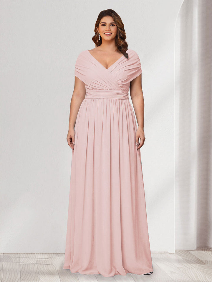 A-Line/Princess V-Neck Short Sleeves Chiffon Plus Size Bridesmaid Dresses With Bowknot