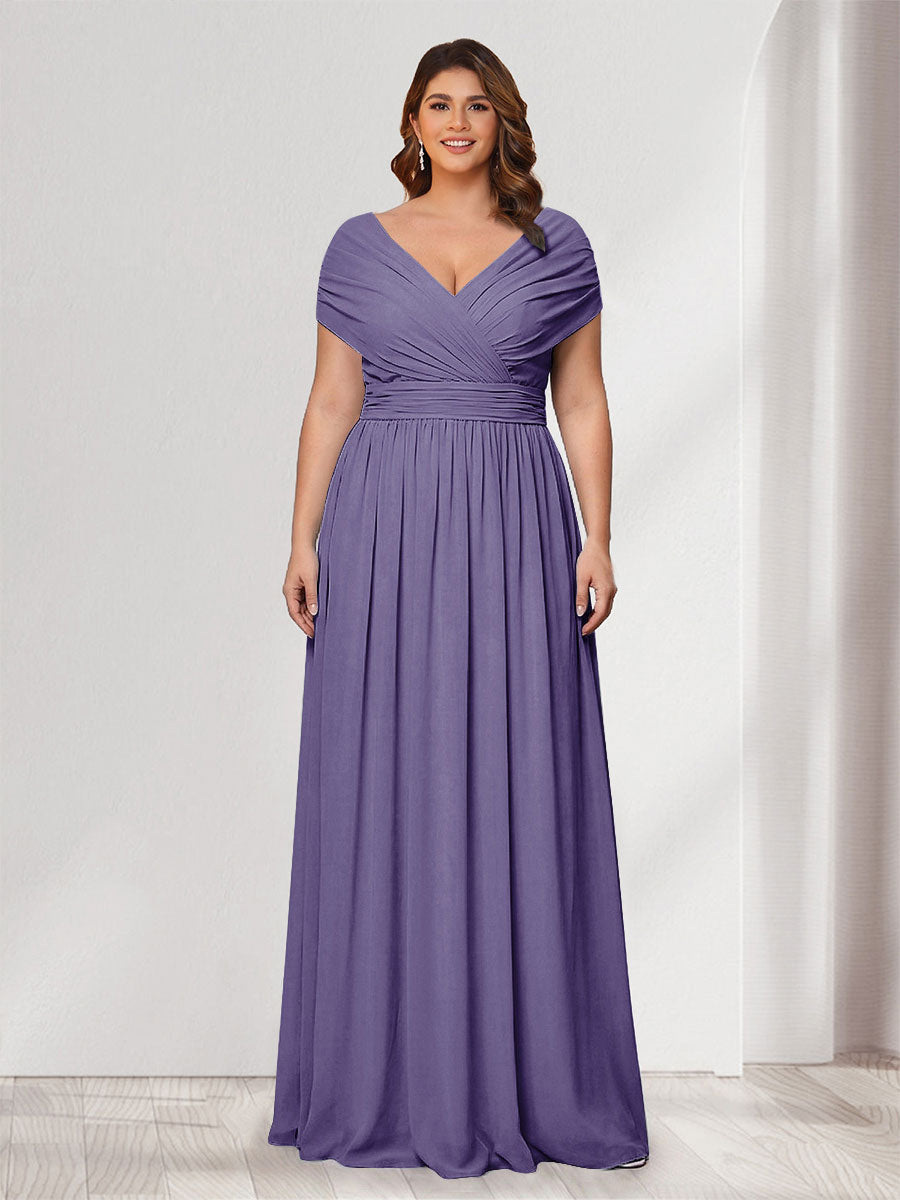 A-Line/Princess V-Neck Short Sleeves Chiffon Plus Size Bridesmaid Dresses With Bowknot