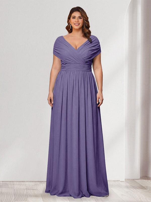 A-Line/Princess V-Neck Short Sleeves Chiffon Plus Size Bridesmaid Dresses With Bowknot