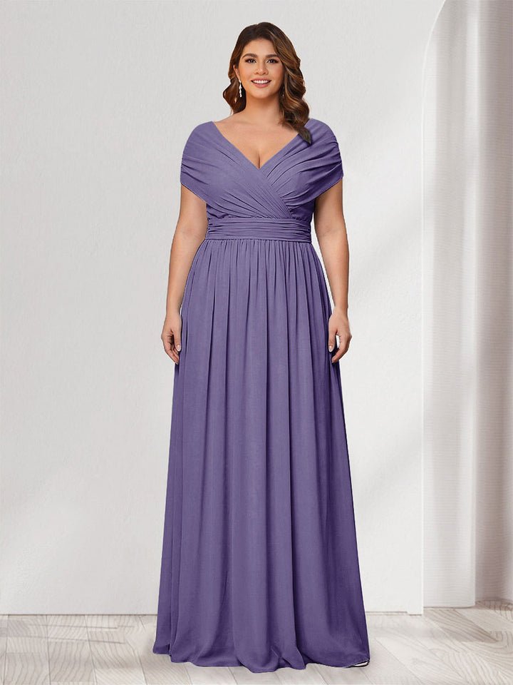 A-Line/Princess V-Neck Short Sleeves Chiffon Plus Size Bridesmaid Dresses With Bowknot