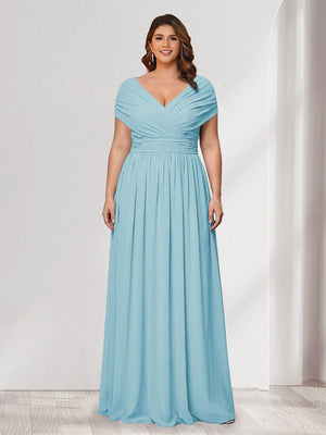 A-Line/Princess V-Neck Short Sleeves Chiffon Plus Size Bridesmaid Dresses With Bowknot