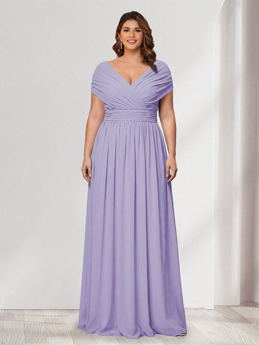 A-Line/Princess V-Neck Short Sleeves Chiffon Plus Size Bridesmaid Dresses With Bowknot