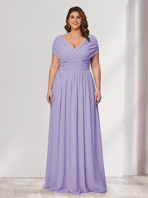 A-Line/Princess V-Neck Short Sleeves Chiffon Plus Size Bridesmaid Dresses With Bowknot