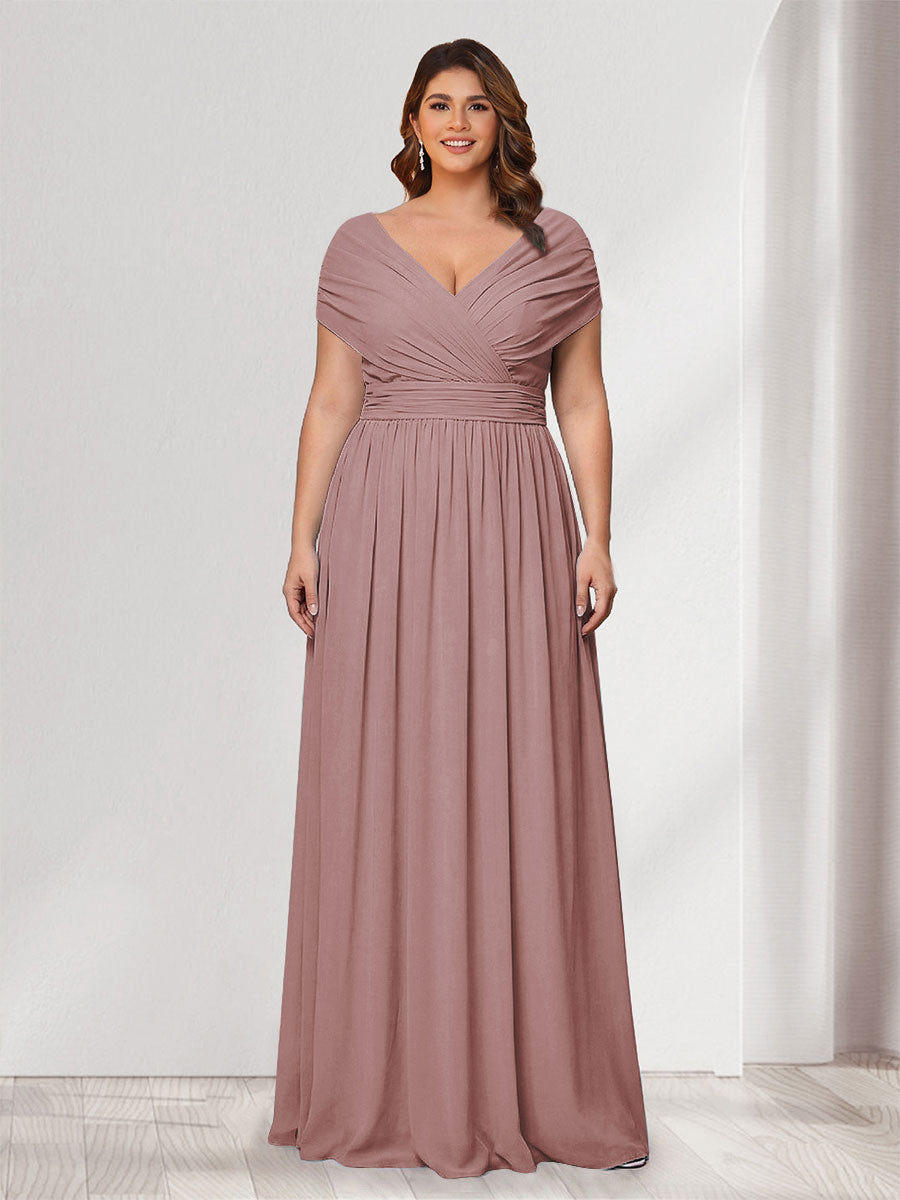 A-Line/Princess V-Neck Short Sleeves Chiffon Plus Size Bridesmaid Dresses With Bowknot