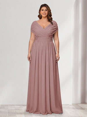 A-Line/Princess V-Neck Short Sleeves Chiffon Plus Size Bridesmaid Dresses With Bowknot