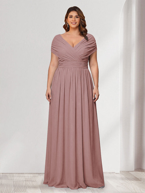 A-Line/Princess V-Neck Short Sleeves Chiffon Plus Size Bridesmaid Dresses With Bowknot