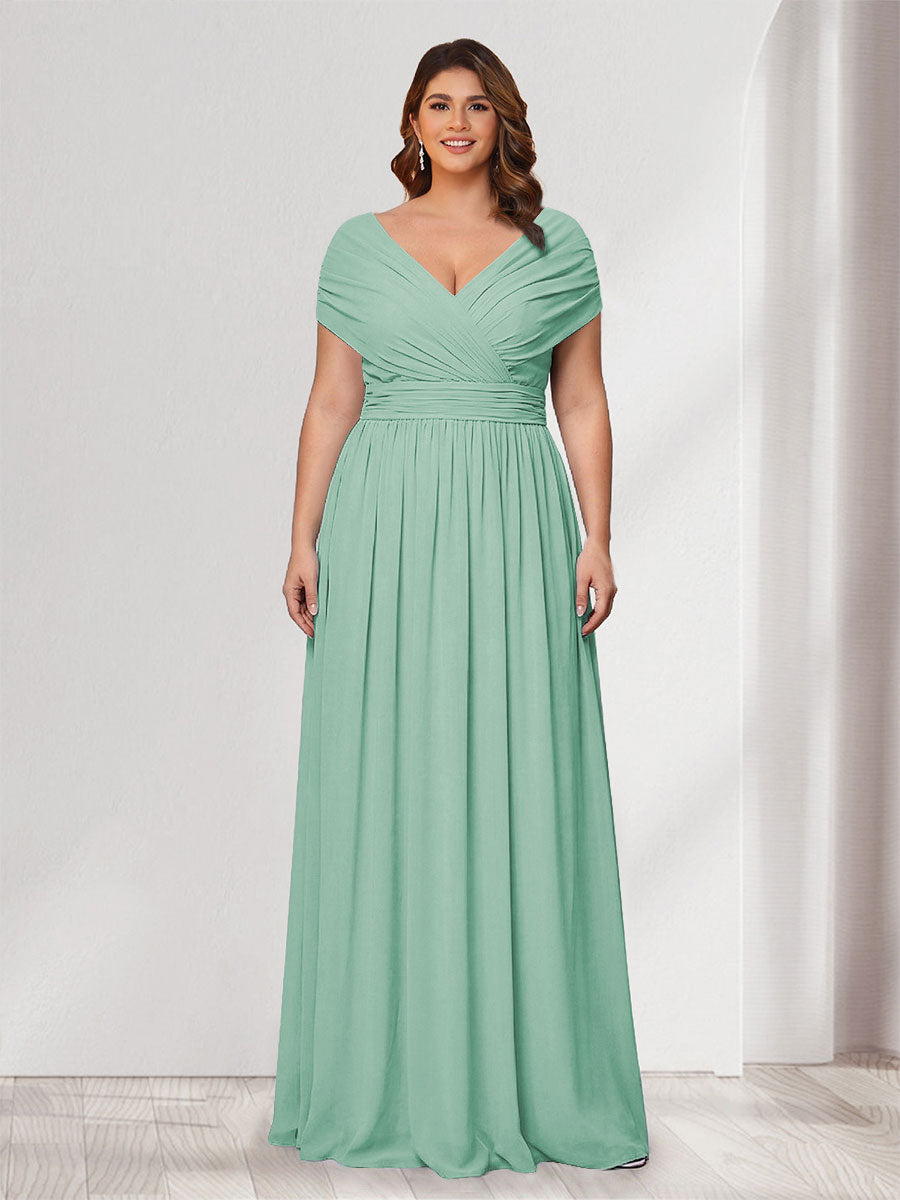 A-Line/Princess V-Neck Short Sleeves Chiffon Plus Size Bridesmaid Dresses With Bowknot