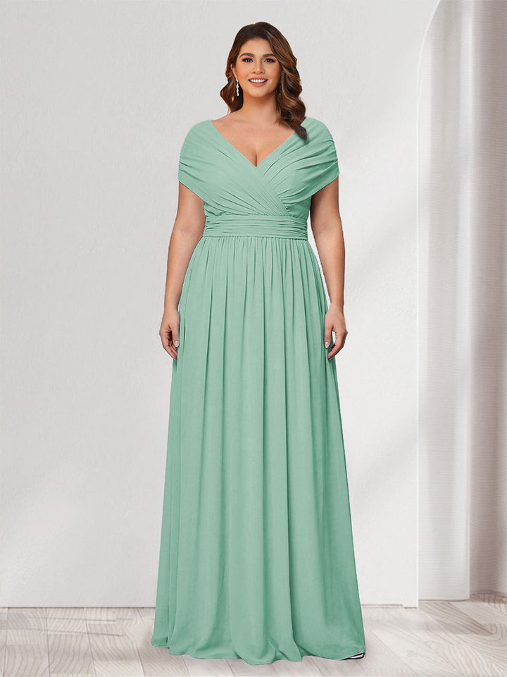 A-Line/Princess V-Neck Short Sleeves Chiffon Plus Size Bridesmaid Dresses With Bowknot