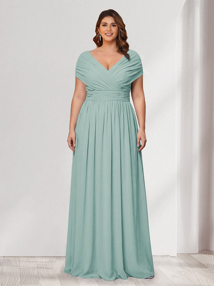 A-Line/Princess V-Neck Short Sleeves Chiffon Plus Size Bridesmaid Dresses With Bowknot