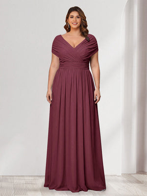 A-Line/Princess V-Neck Short Sleeves Chiffon Plus Size Bridesmaid Dresses With Bowknot