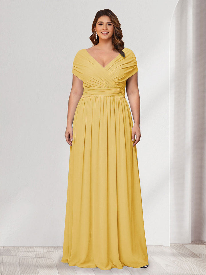 A-Line/Princess V-Neck Short Sleeves Chiffon Plus Size Bridesmaid Dresses With Bowknot