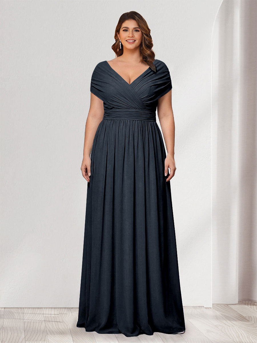 A-Line/Princess V-Neck Short Sleeves Chiffon Plus Size Bridesmaid Dresses With Bowknot