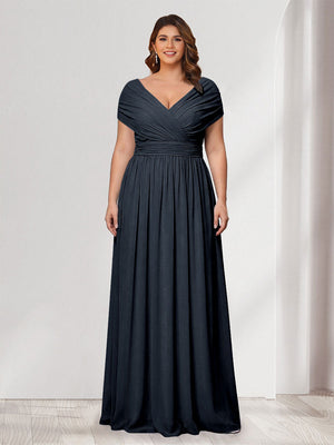 A-Line/Princess V-Neck Short Sleeves Chiffon Plus Size Bridesmaid Dresses With Bowknot