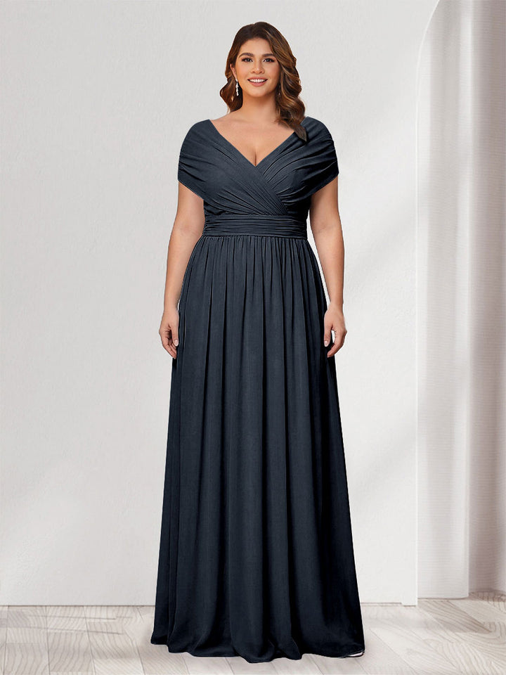 A-Line/Princess V-Neck Short Sleeves Chiffon Plus Size Bridesmaid Dresses With Bowknot