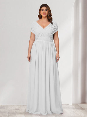 A-Line/Princess V-Neck Short Sleeves Chiffon Plus Size Bridesmaid Dresses With Bowknot