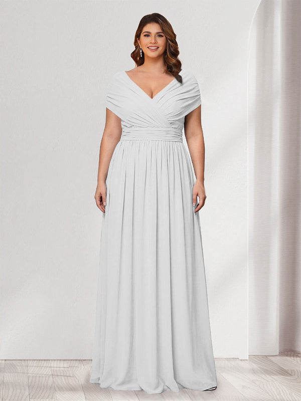 A-Line/Princess V-Neck Short Sleeves Chiffon Plus Size Bridesmaid Dresses With Bowknot