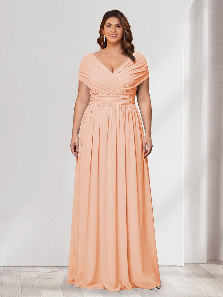 A-Line/Princess V-Neck Short Sleeves Chiffon Plus Size Bridesmaid Dresses With Bowknot