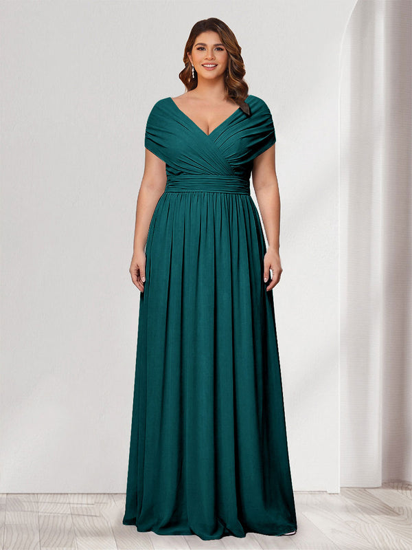 A-Line/Princess V-Neck Short Sleeves Chiffon Plus Size Bridesmaid Dresses With Bowknot