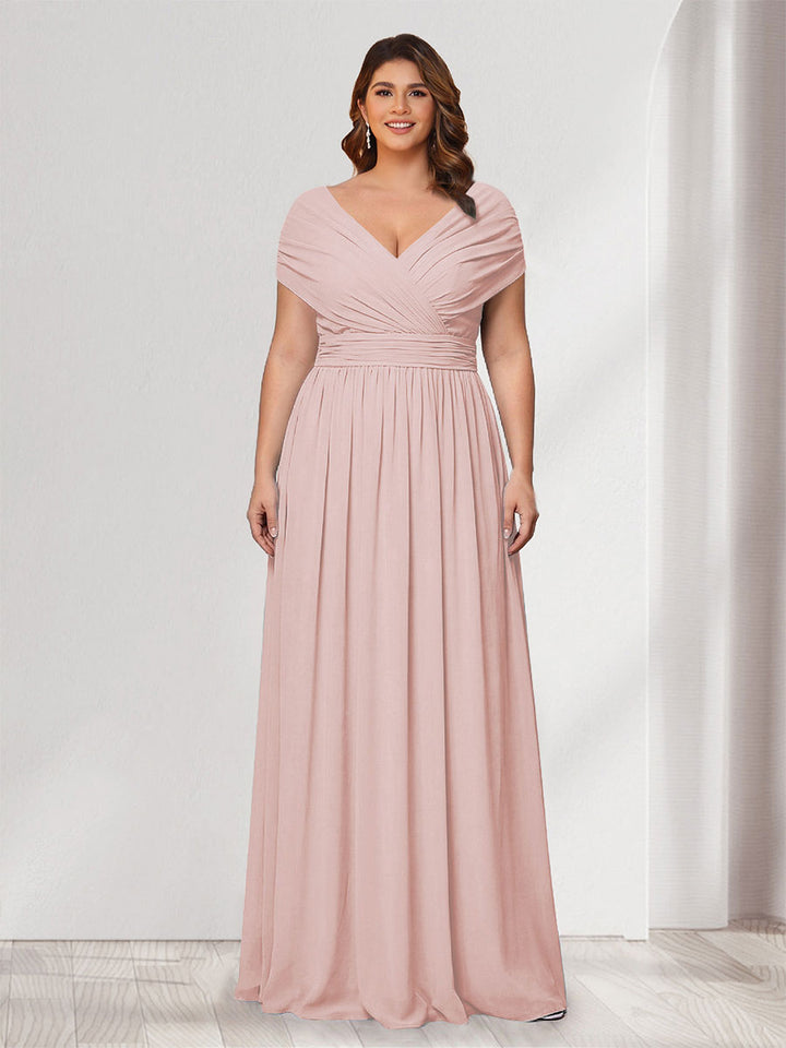 A-Line/Princess V-Neck Short Sleeves Chiffon Plus Size Bridesmaid Dresses With Bowknot