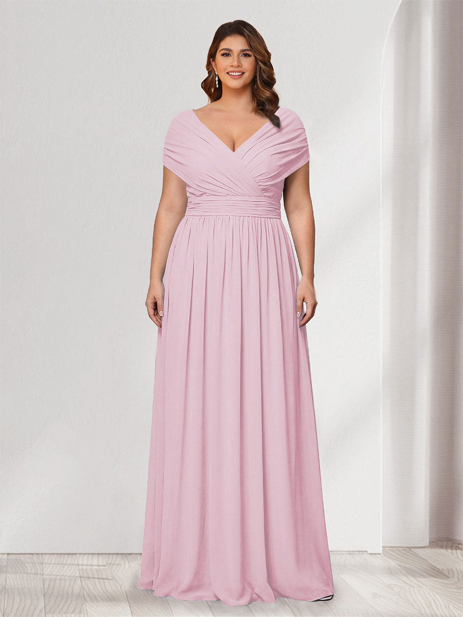 A-Line/Princess V-Neck Short Sleeves Chiffon Plus Size Bridesmaid Dresses With Bowknot