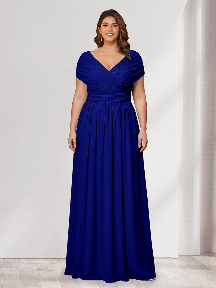 A-Line/Princess V-Neck Short Sleeves Chiffon Plus Size Bridesmaid Dresses With Bowknot