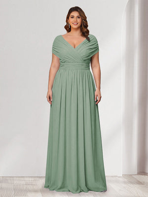 A-Line/Princess V-Neck Short Sleeves Chiffon Plus Size Bridesmaid Dresses With Bowknot