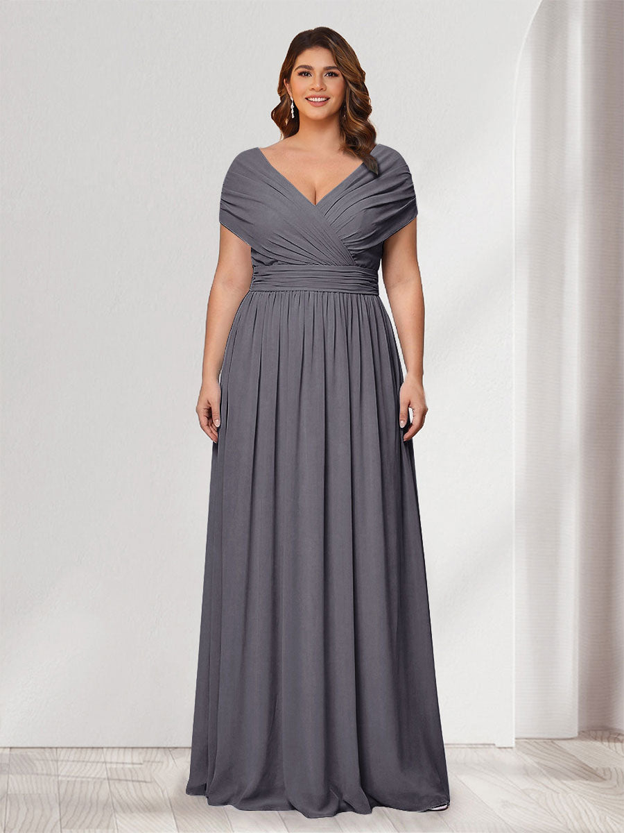 A-Line/Princess V-Neck Short Sleeves Chiffon Plus Size Bridesmaid Dresses With Bowknot