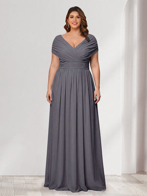 A-Line/Princess V-Neck Short Sleeves Chiffon Plus Size Bridesmaid Dresses With Bowknot