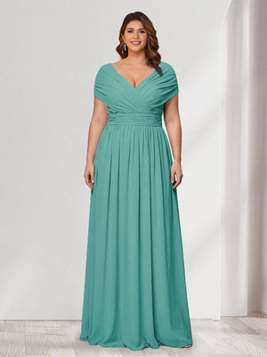 A-Line/Princess V-Neck Short Sleeves Chiffon Plus Size Bridesmaid Dresses With Bowknot