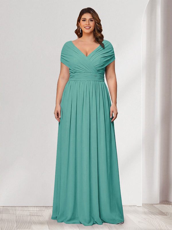A-Line/Princess V-Neck Short Sleeves Chiffon Plus Size Bridesmaid Dresses With Bowknot