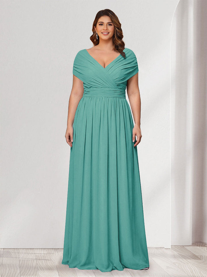 A-Line/Princess V-Neck Short Sleeves Chiffon Plus Size Bridesmaid Dresses With Bowknot