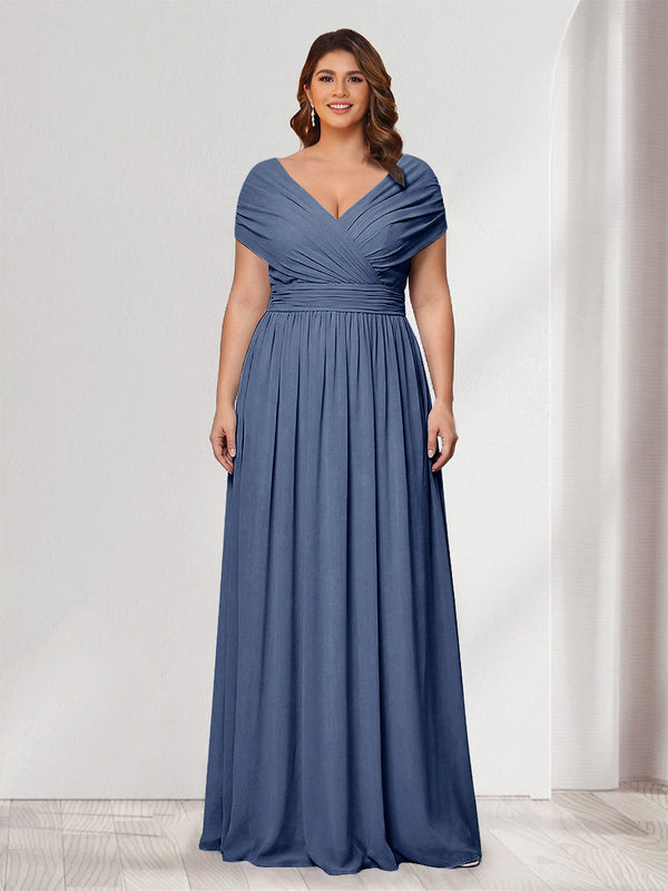 A-Line/Princess V-Neck Short Sleeves Chiffon Plus Size Bridesmaid Dresses With Bowknot