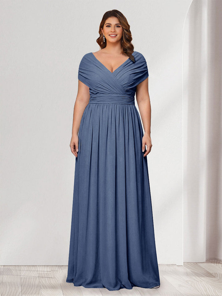 A-Line/Princess V-Neck Short Sleeves Chiffon Plus Size Bridesmaid Dresses With Bowknot