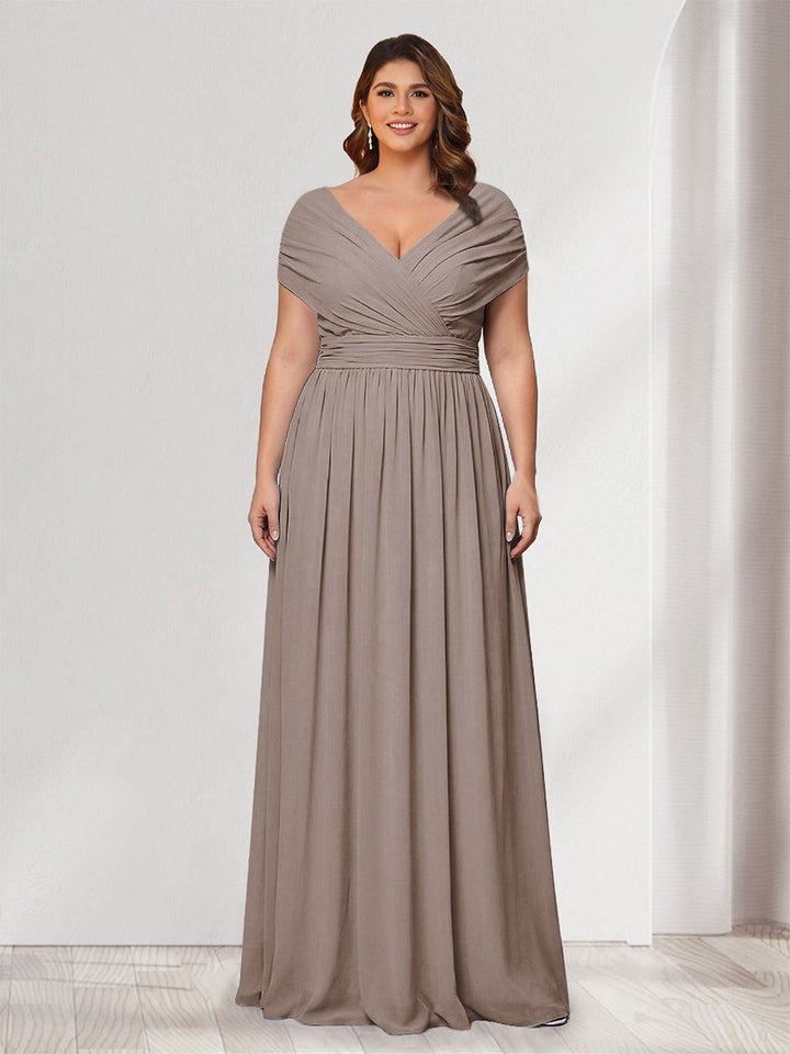 A-Line/Princess V-Neck Short Sleeves Chiffon Plus Size Bridesmaid Dresses With Bowknot
