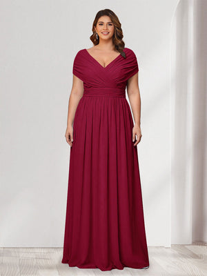 A-Line/Princess V-Neck Short Sleeves Chiffon Plus Size Bridesmaid Dresses With Bowknot