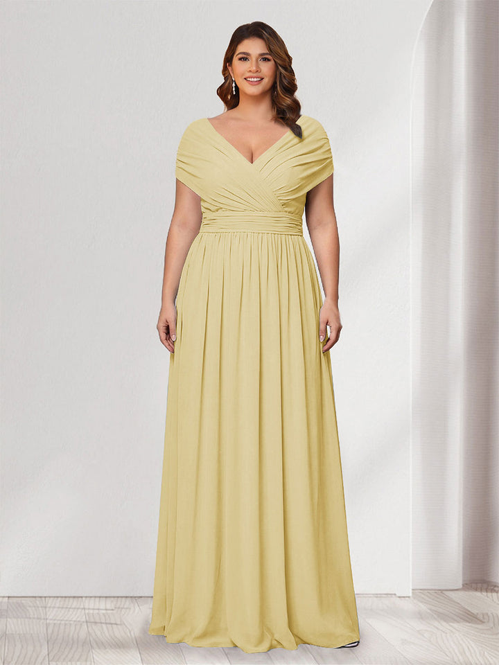 A-Line/Princess V-Neck Short Sleeves Chiffon Plus Size Bridesmaid Dresses With Bowknot