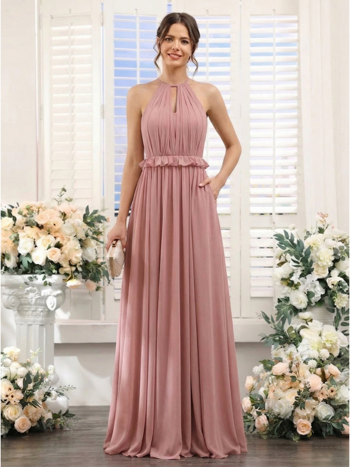 A-Line/Princess Halter Sleeveless Chiffon Bridesmaid Dresses With Ruffles