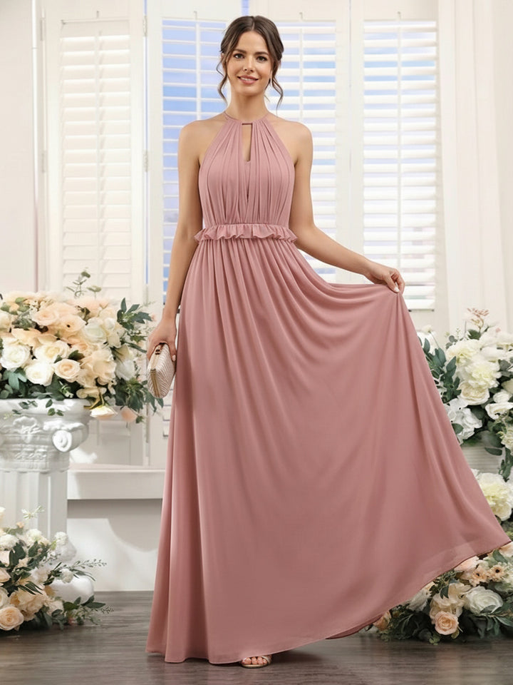 A-Line/Princess Halter Sleeveless Chiffon Bridesmaid Dresses With Ruffles