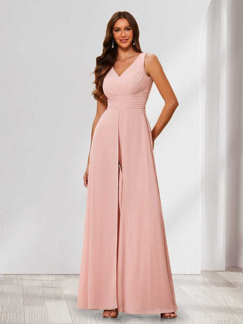 Jumpsuit V-Neck Sleeveless Chiffon Bridesmaid Dresses with Split Side