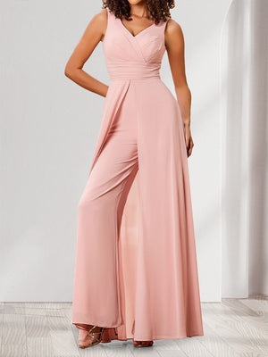 Jumpsuit V-Neck Sleeveless Chiffon Bridesmaid Dresses with Split Side