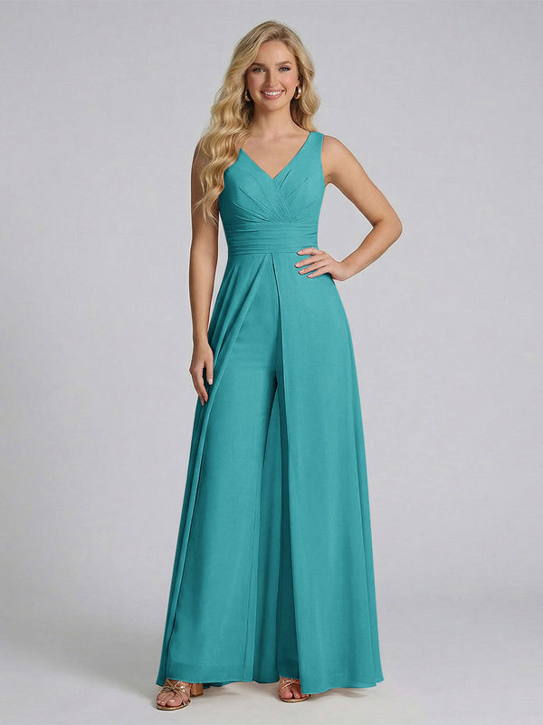 Jumpsuit V-Neck Sleeveless Chiffon Bridesmaid Dresses with Split Side