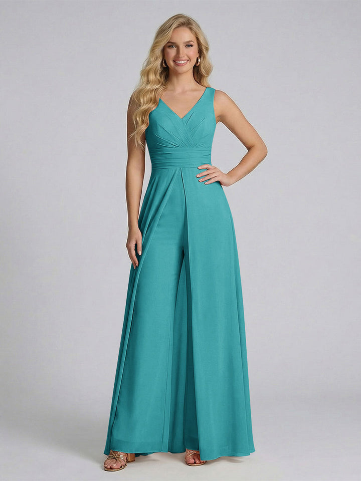 Jumpsuit V-Neck Sleeveless Chiffon Bridesmaid Dresses with Split Side