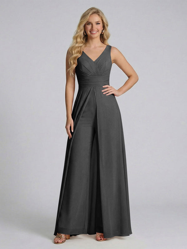 Jumpsuit V-Neck Sleeveless Chiffon Bridesmaid Dresses with Split Side