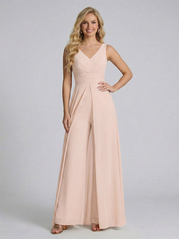 Jumpsuit V-Neck Sleeveless Chiffon Bridesmaid Dresses with Split Side